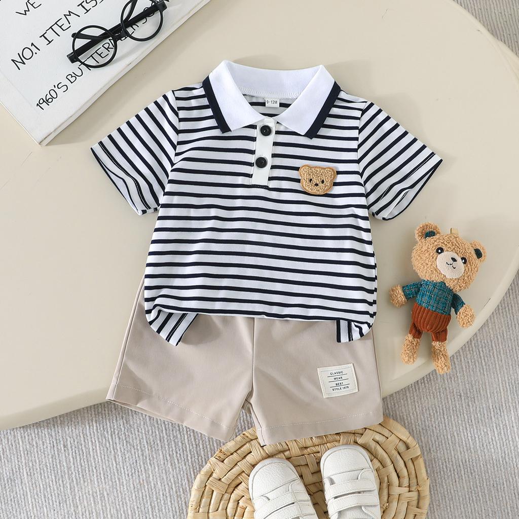 Comfortable Baby Boy Striped Top Solid Color Shorts Two-piece Set Casual Soft Clothing Sets Infant Boys