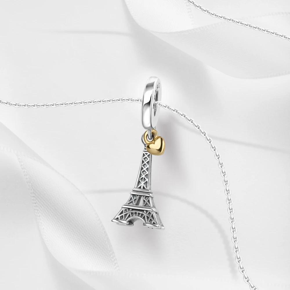 Creative 925 Silver Eiffel Tower Gold Heart Double Charm Fit DlY Bracelet Necklaces Women's Dating Jewelry Accessories