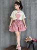 Summer Girls Heart T-Shirt + Khaki Shorts Set Child Short Sleeve Top and Bottom Clothes Set 2Pcs Korean Kids Suit