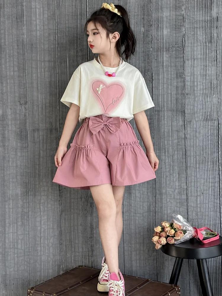 Summer Girls Heart T-Shirt + Khaki Shorts Set Child Short Sleeve Top and Bottom Clothes Set 2Pcs Korean Kids Suit