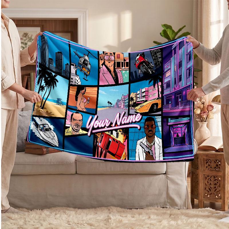 GTA Personalized Flannel Blanket, Custom Printed Text Name, Warm Soft Blanket For Couch Bed