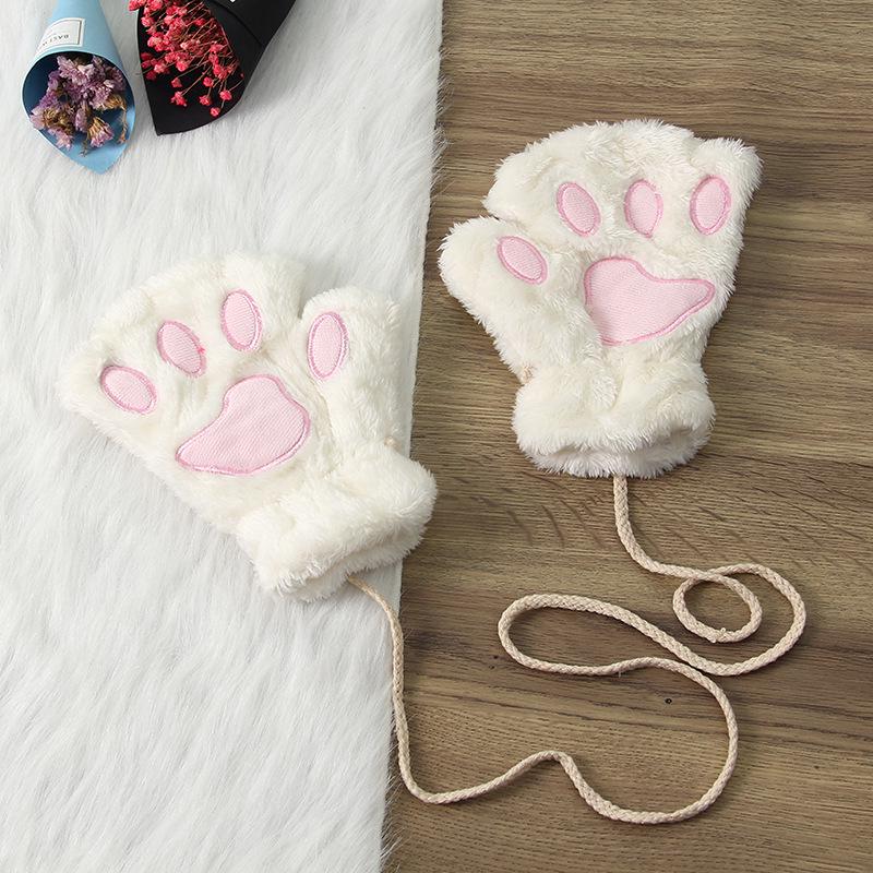 Winter Cute Cartoon Half-Finger Fleece Gloves for Women, Bear & Cat Paw Design.