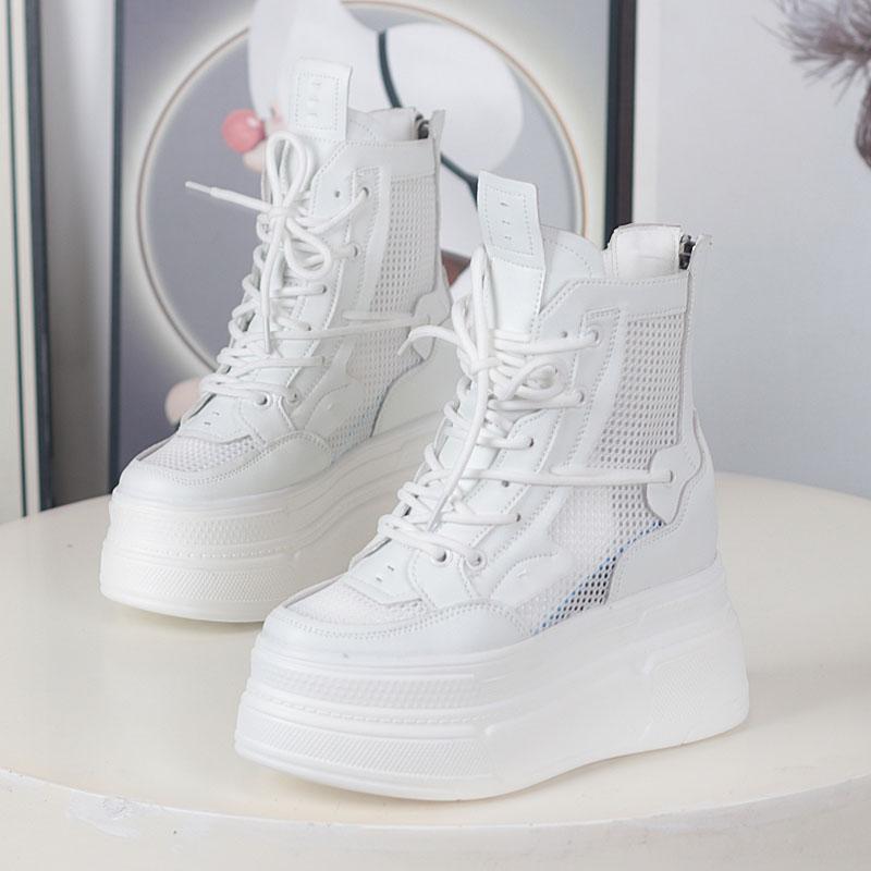 Fashion 12CM Air Mesh Microfiber Synthetic Chunky Sneakers Spring Shoes Leather Ankle Booties Women Vulcanize Boots Autumn