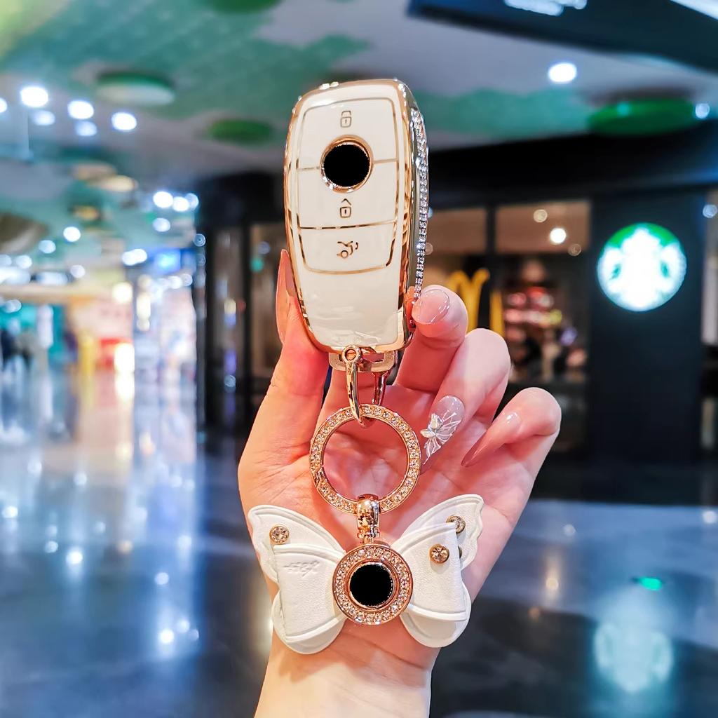 For Mercedes Benz Key Fob Cover, Bling Gold/Silver White Tpu Key Case With Keychain, Car Key Protector For C/E/S Class, Glc/Gle