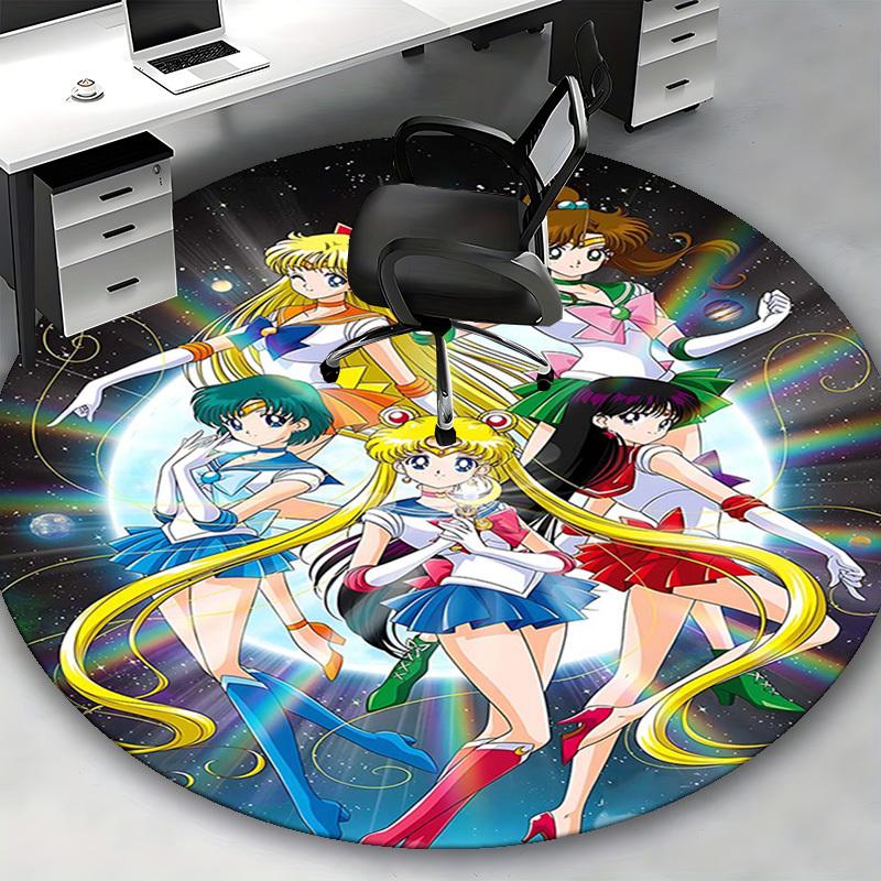 1pc Sailor Moon Anime Cartoon Design Round Carpet  Office Chair Mat, NonSlip Rug for Home Decor, Living Room, Bedroom, Game Room