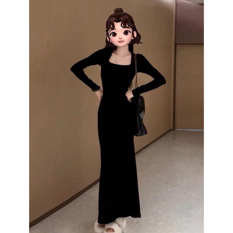 

French Mermaid Skirt Dress: Women s Niche Design with Square Neck and Long Sleeves L (115-135 jin)