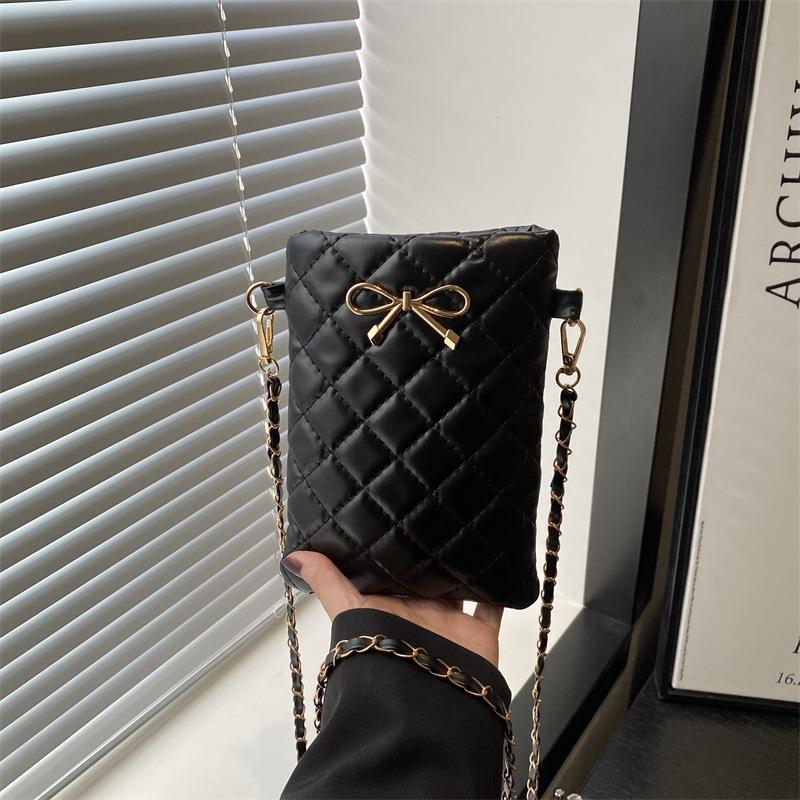 Rhombus Embroidery Thread Small Square Bag New Mini Girl Chain Messenger Bag Metal Bow Trendy Bag