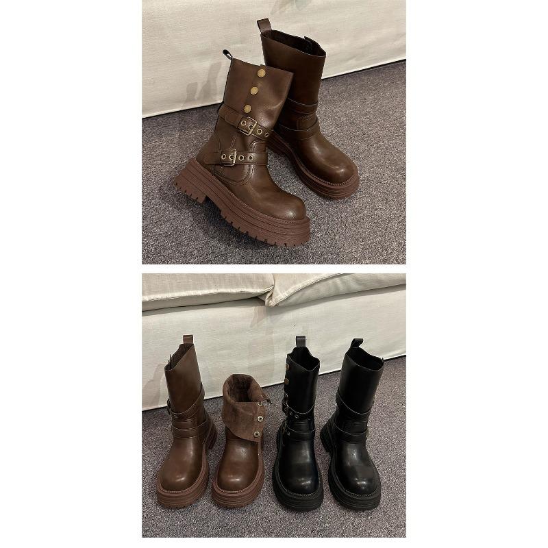 Dames Retro Britse Stijl Dikke Zool Effen Kleur Middelhoge Martin Laarzen