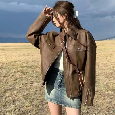 Retro Kaffee PU-Lederjacke Damen Herbst Neu Kurze Jacke Top Lässig Motorradjacke