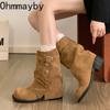 Winter Design Dicke Absätze Damen Mordern Schaftstiefel Mode Gürtelschnalle Slipper Damenschuhe Bankett Party Mid-Calf Stiefeletten