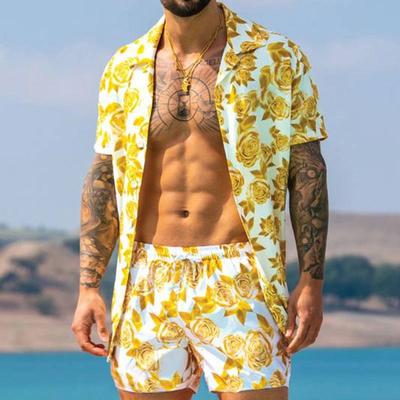 Men's Hawaii Beach Style Set Leaf Printed Shorts Short Sleeved Cuban Neck Shirt Two Piece Set