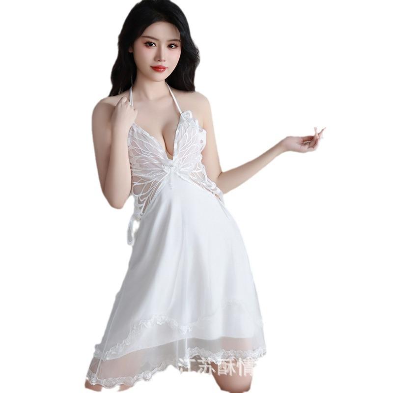 Sexy Underwear Big Butterfly Pure Desire Mesh Pajamas Plus Chest Pads Gather Nightgown Robe Women's Loungewear Set