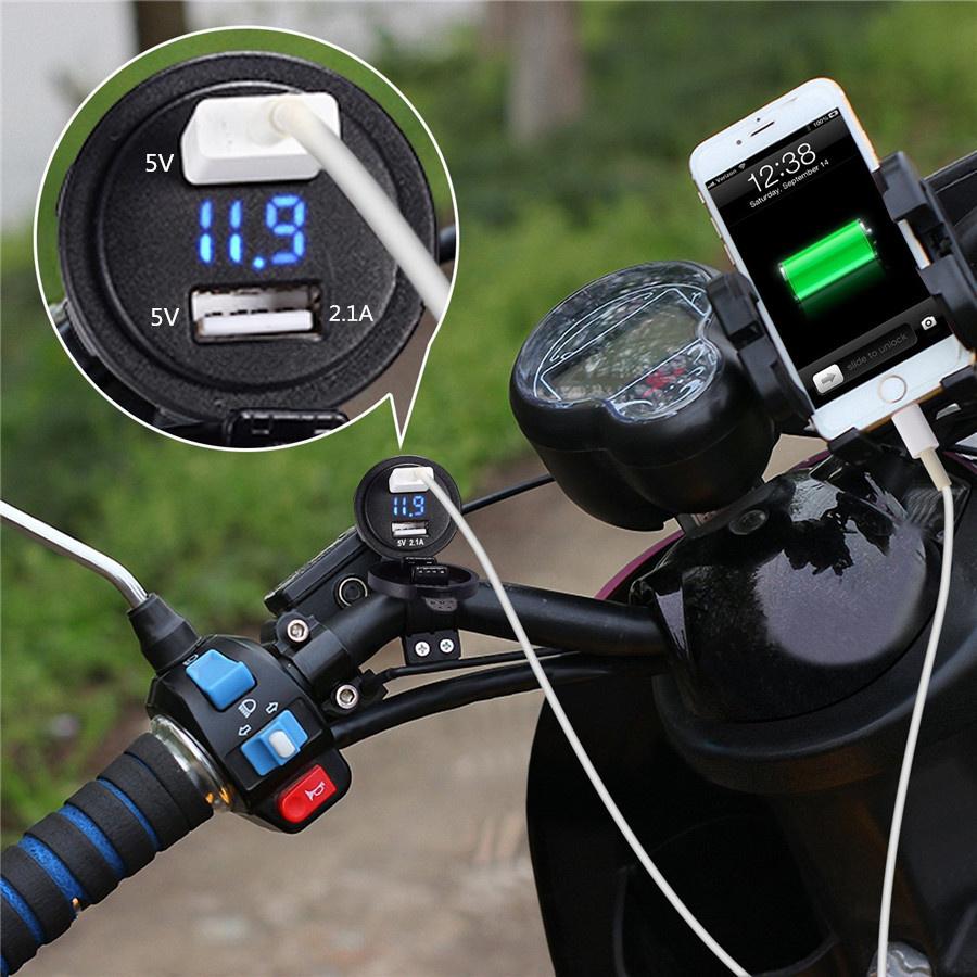 Motorcycle Dual USB Charger Socket With Blue LED Voltmeter Wire In-line 10A Fuse