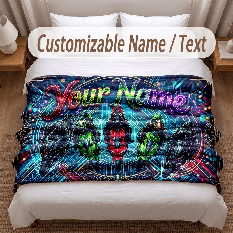 Motorcycle Biker Theme Soft Blanket Personalized Custom Name Text Print Warm Blanket Home Sofa Bedroom Decor