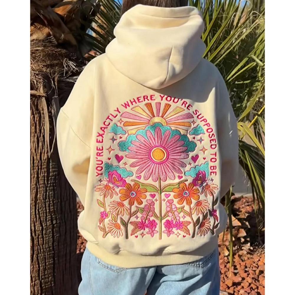 STREETRICH Women's Y2K Floral Letter Embroidered Hooded Pullover Cozy Stylish Long Sleeve Loose Sweatshirts with Kangaroo Pocket