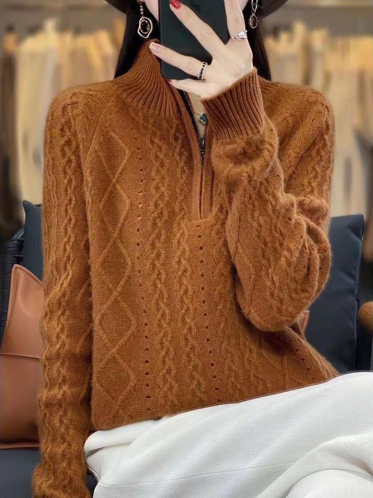 Autumn-Winter High Neck Women's Zipper Pullover Sweater - Loose Knit Long Sleeve Top