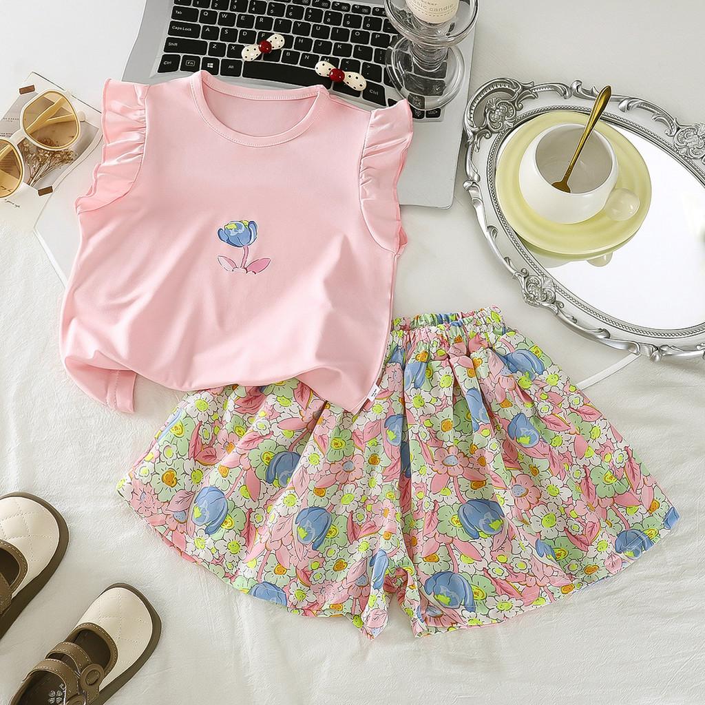 Girls Summer Outfit Set With Floral T Shirt And Shorts For Ages 3 To 8