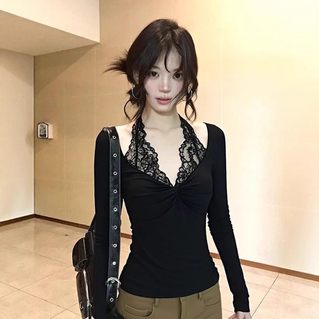 American fake two-piece lace splicing long-sleeved T-shirt women's early spring kink neck v-neck slim-fitting and thin Spice Girl top