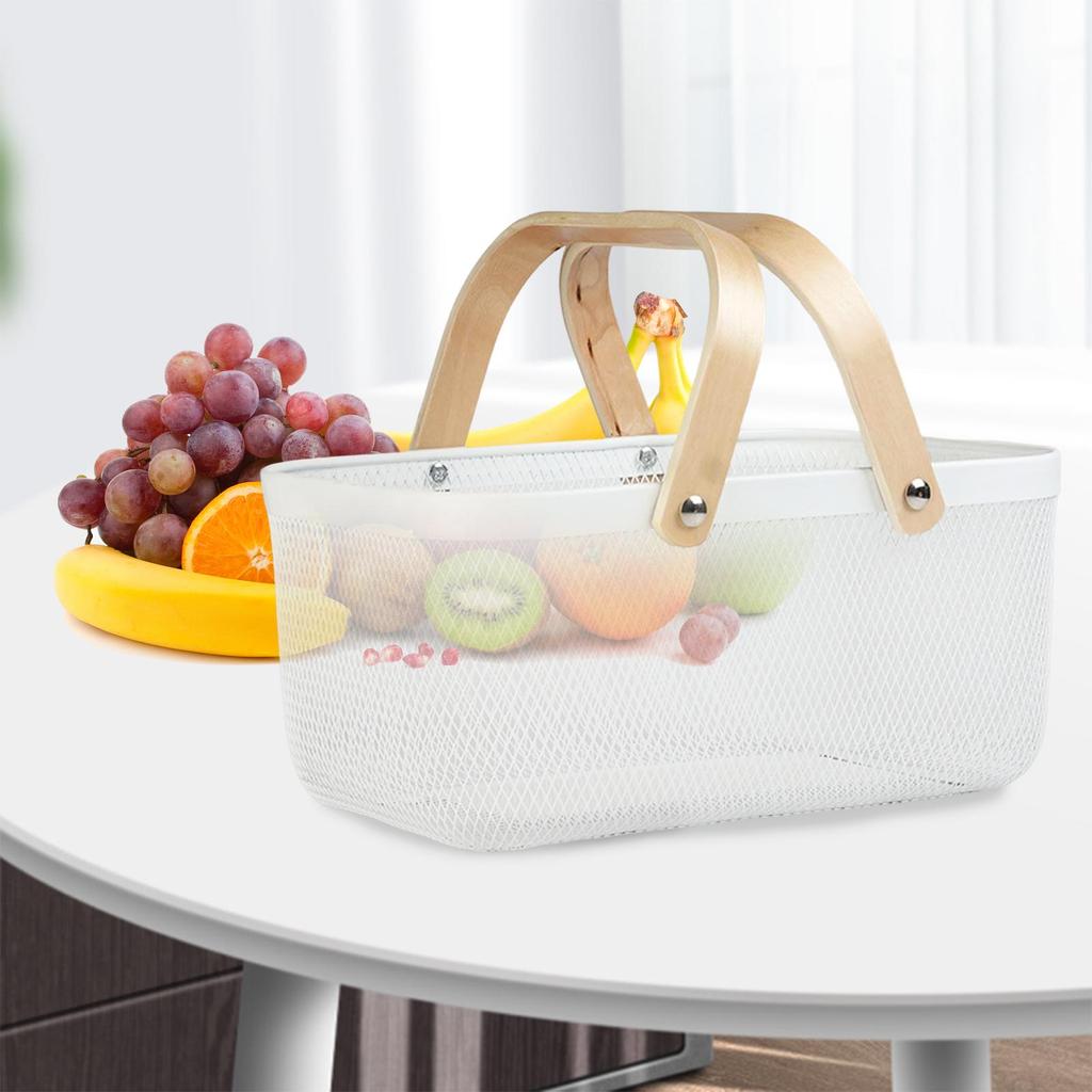 Panier de Rangement Pique-nique Poignées en Bois pour Sortie Randonnée Fruits Légumes Blanc