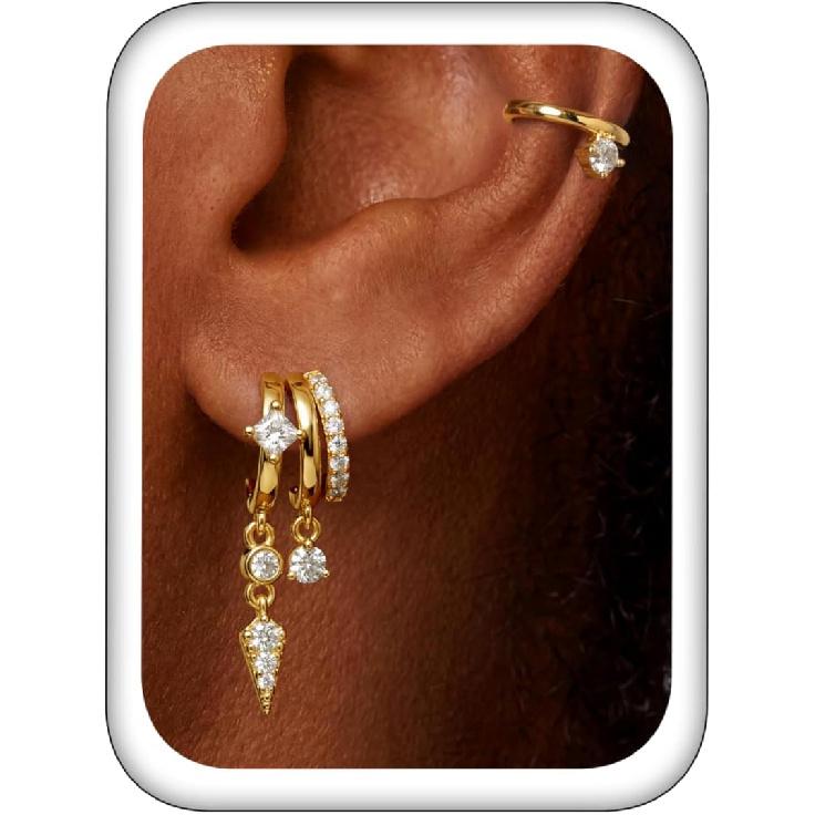 Triple Huggie Stacked Earrings for Women Gold Chain Drop Dangle Earrings Cute Statement CZ Earrings Trendy Dainty Jewelry Gift