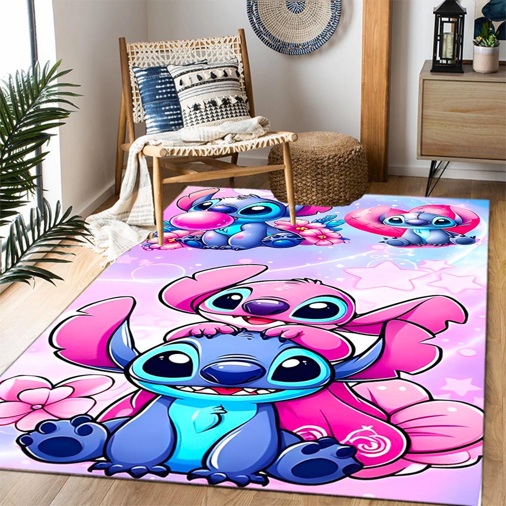 Stitch Adventure In Flowers Disney Cartoon Theme Anti-Slip Rug - Polyester, Home Decor, Suitable for Bedrooms, Living Rooms, Doorways, and Studios