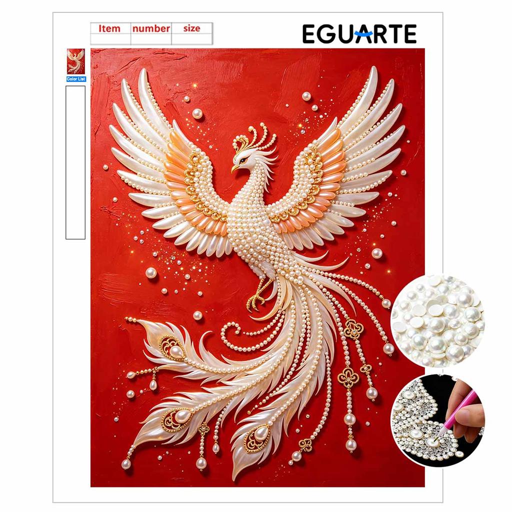 Pearl painting kit features 5D pearl phoenix mosaic art style for home wall decoration.