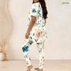 Women Plus Size Round Neck Short Sleeve Floral Printed Mint Green Two Piece Set Side Split Top Long Pants