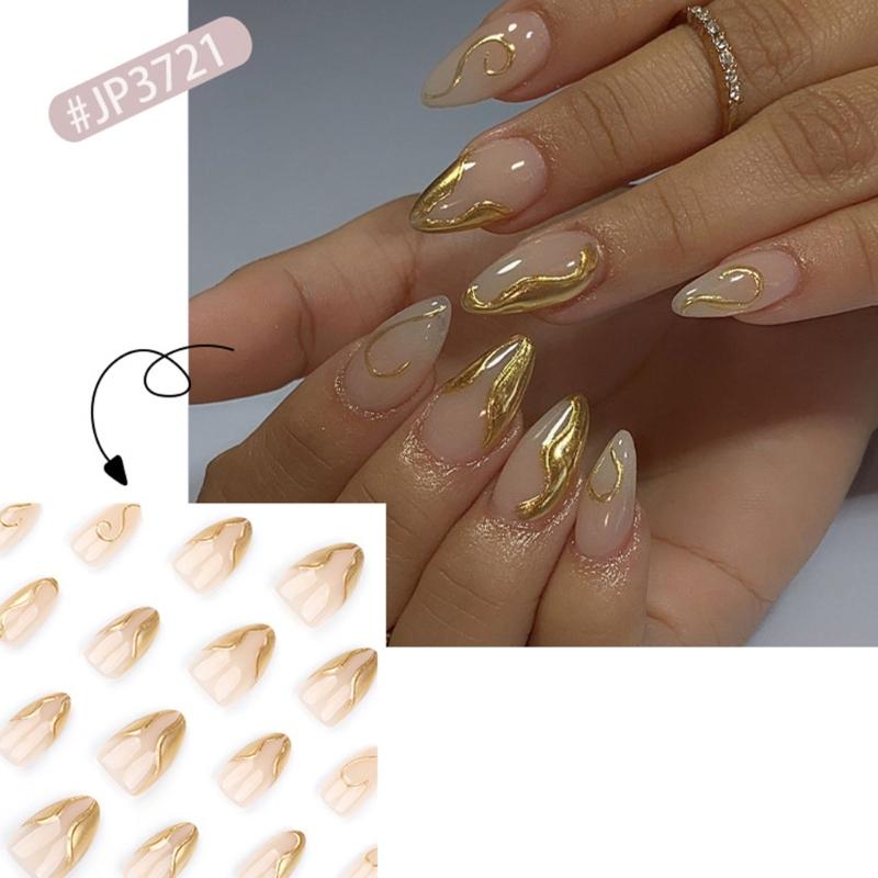 24 Stück Mandel-Press-On-Nägel Kurze Falsche Nägel Vollabdeckung Glänzend Acryl Mit Goldlinien-Designs Nagelzubehör
