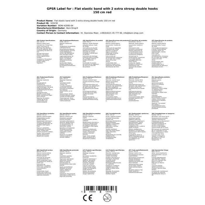 Flat Bungee Cord with Hooks, 150 Cm, Red, Very Strong