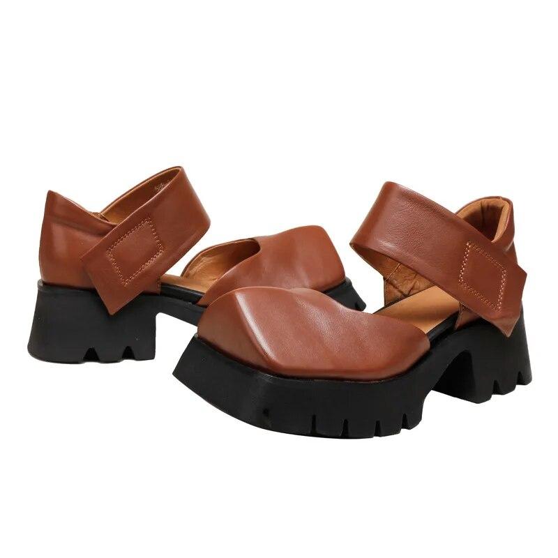 

Johnature/женские сандалии из натуральной кожи на толстой подошве, однотонные удобные туфли на толстом каблуке с квадратным носком 39 коричневый