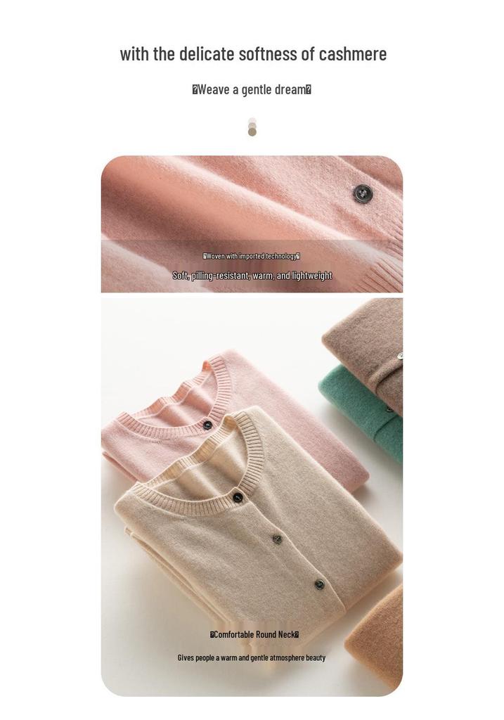 Mengyi Women's Pure Cashmere Round Neck Cardigan - Solid Color, Loose Fit, Warm Knit Outerwear for Spring/Autumn