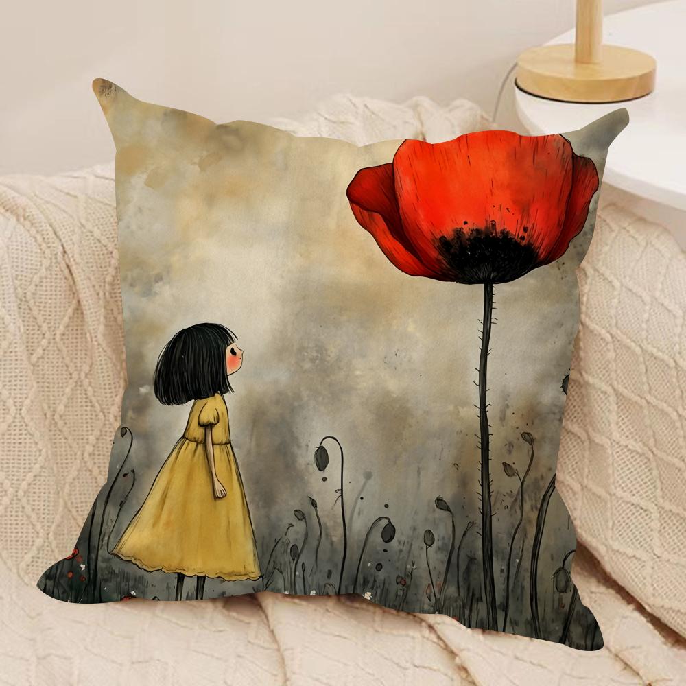 The girl is holding flowers Cushion Cover Soft Plush DoubleSided Printed Sofa Pillow Cushion Cover  Cozy AllSeason Decor Gift
