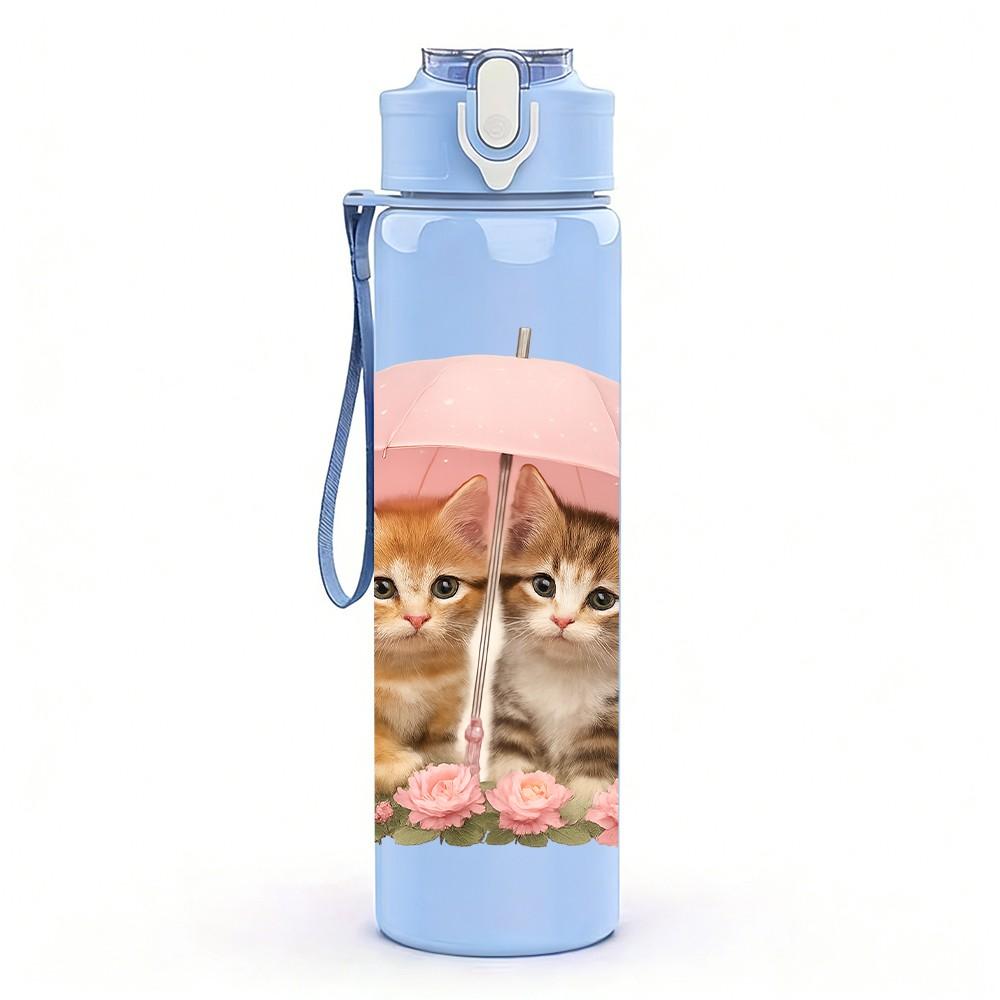 1PC Two Kittens Under Pink Umbrella 750ml Color Plastic Sports Water Bottle Leakproof Flip Straw Lid For Sports Office Home Use