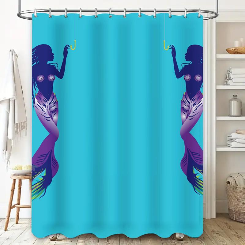Modern Mermaid Shower Curtain Bright Blue Fabric With Unique Fish Tail Design For Bathroom Decorations