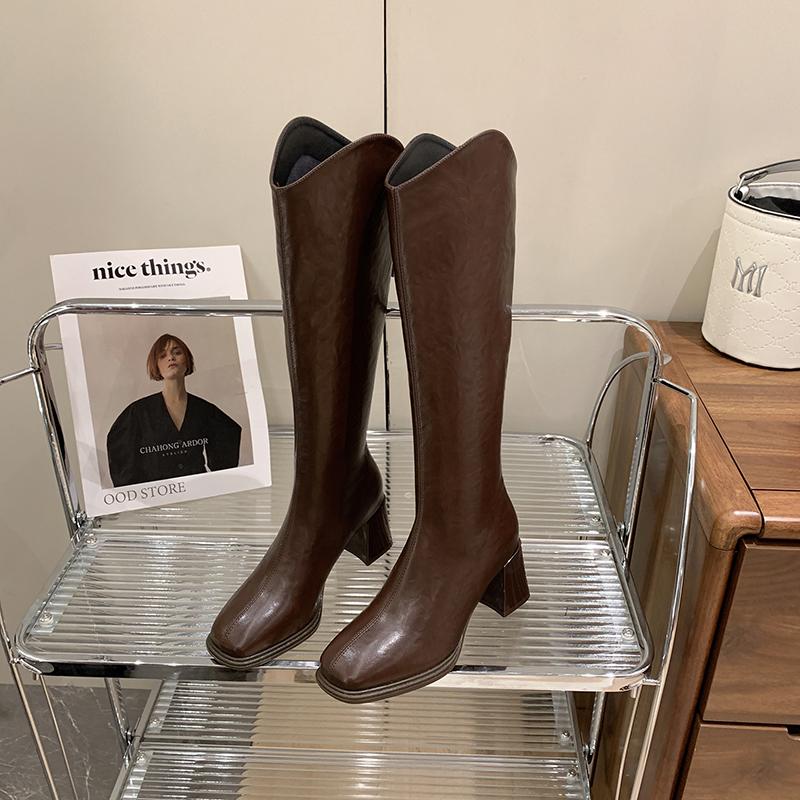 Fashion Autumn Winter Thick High Heels Women Knee High Boots Fashion Stretch Slim Modern Long Botas Para Mujer