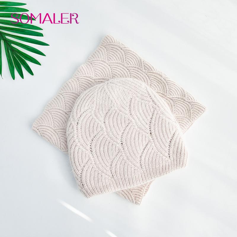 SOMALER Women's Winter Warm Fluffy Angora Hat Scarf Set Warm Angora Wool Knit Beanie  Neck Warmer 2 in 1 Gift Set