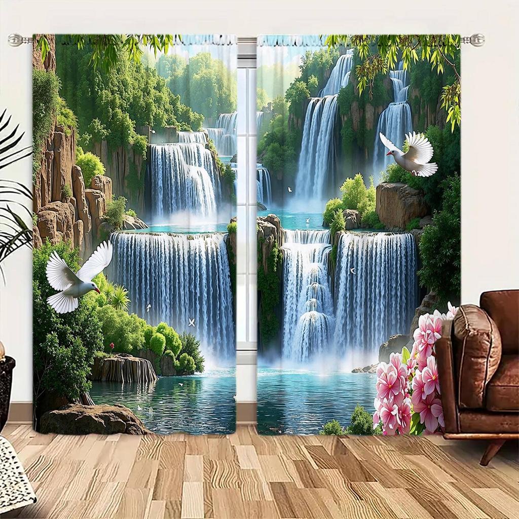 2pcs Landscape Paintings and Decorative Curtains - Artistic Home Decoration Curtains, All Season Decorative Curtains