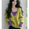 Contrast Color V-neck Sweater for Women 2025 New Winter Lazy High-end Feel Fake Two-piece Base Knit Top