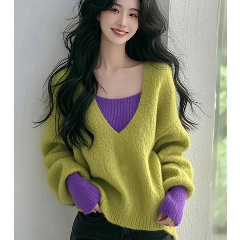 Contrast Color V-neck Sweater for Women 2025 New Winter Lazy High-end Feel Fake Two-piece Base Knit Top