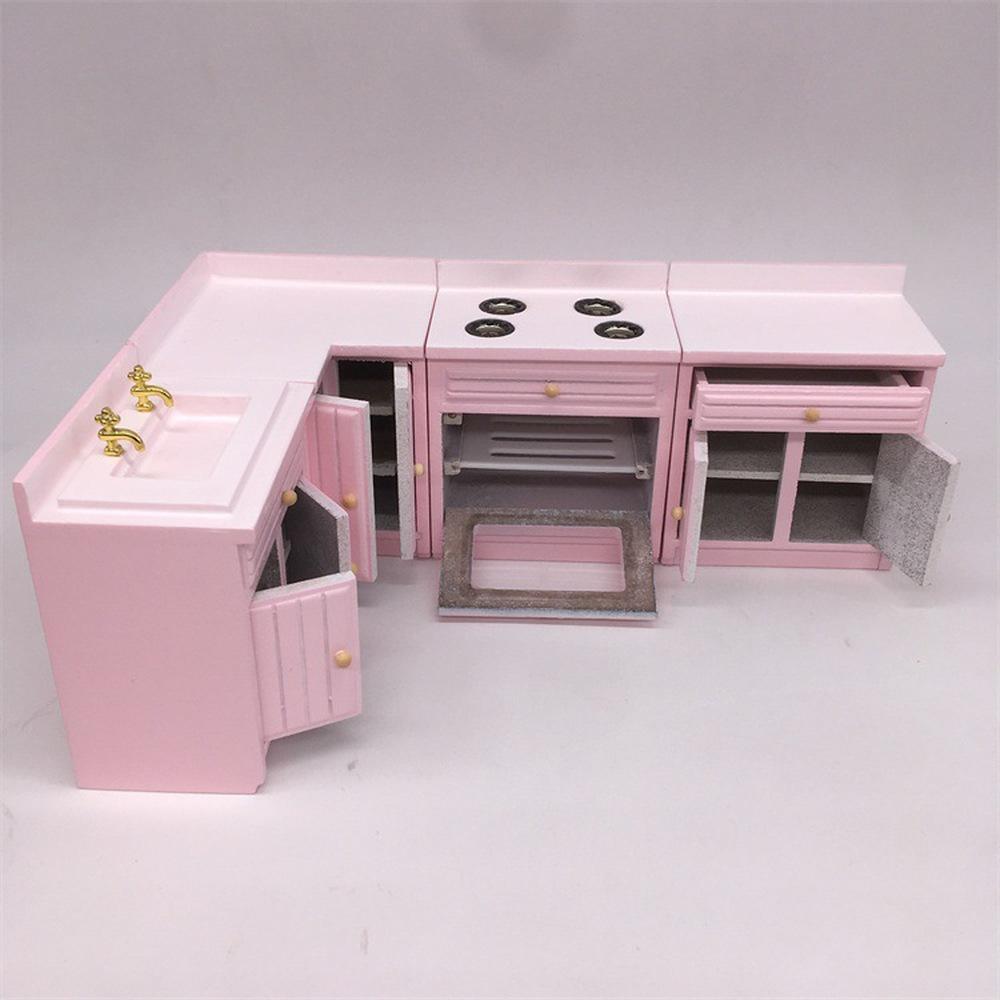 

Миниатюрная мебель для кукольного домика, кухонный деревянный розовый шкаф, раковина, столешницы, украшения для кукольного домика Kitchen kit