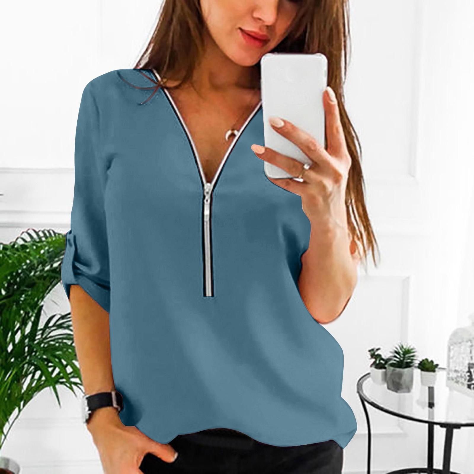 

Women s Casual Solid Color V-neck Seven Quarter Sleeve Zip Up Chiffon Shirt XXXXXL