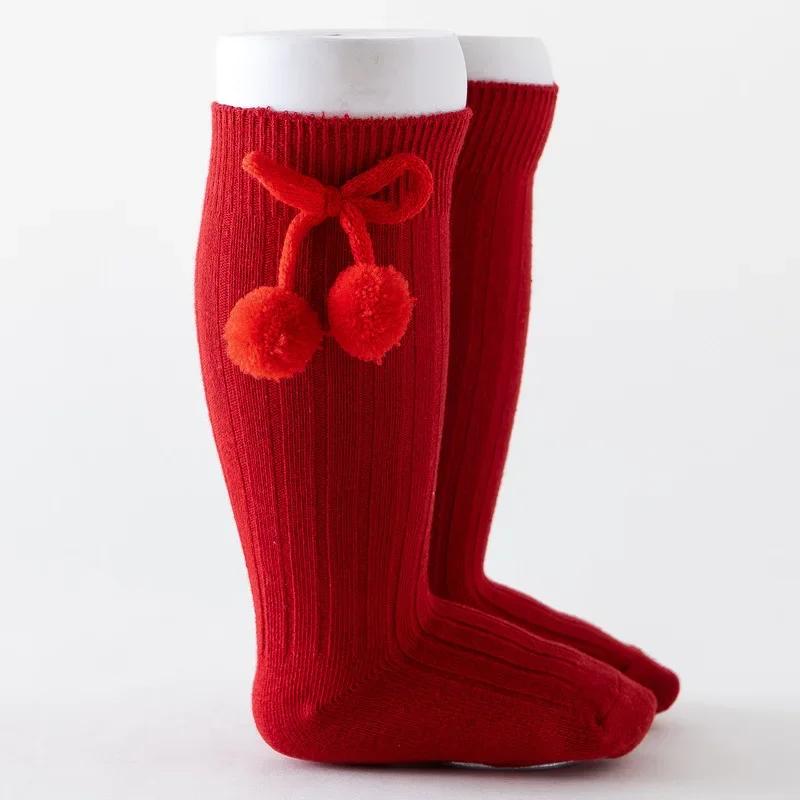 Autumn Winter Kawaii Baby Stockings Cotton British Princess Knee High Long Bow Pom Tube Socks for Girls Knitted Sock Warmer 0-4y