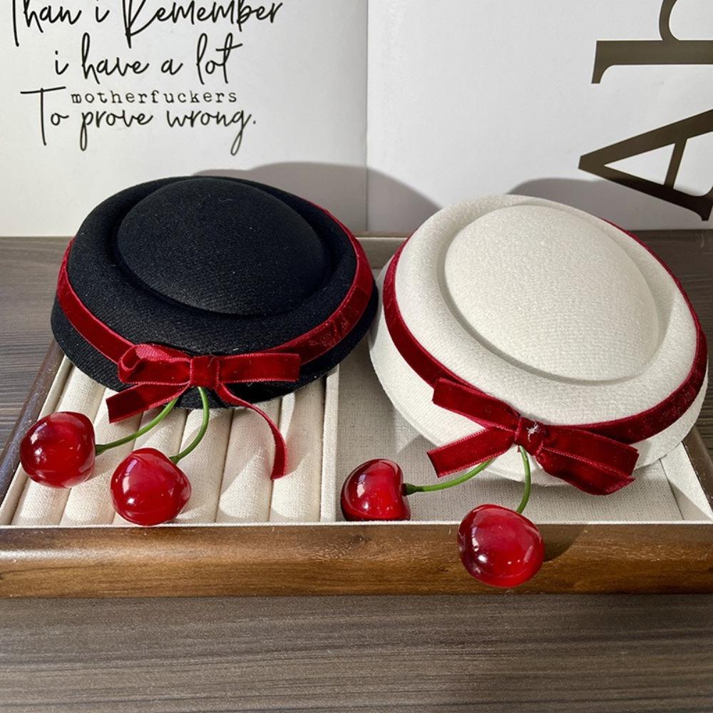 French Style Round Hat Hair Clip Velvet Bow Women Hairpin Exquisite Cherry Hat Hairpin Party