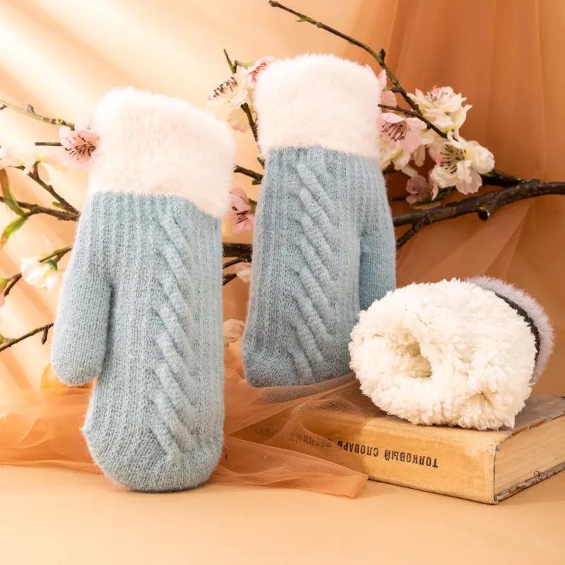 Warm Gloves Ladies Winter Korean Version Cute Plus Velvet Thickening Student Cycling Woolen Cold-proof Twist Gloves