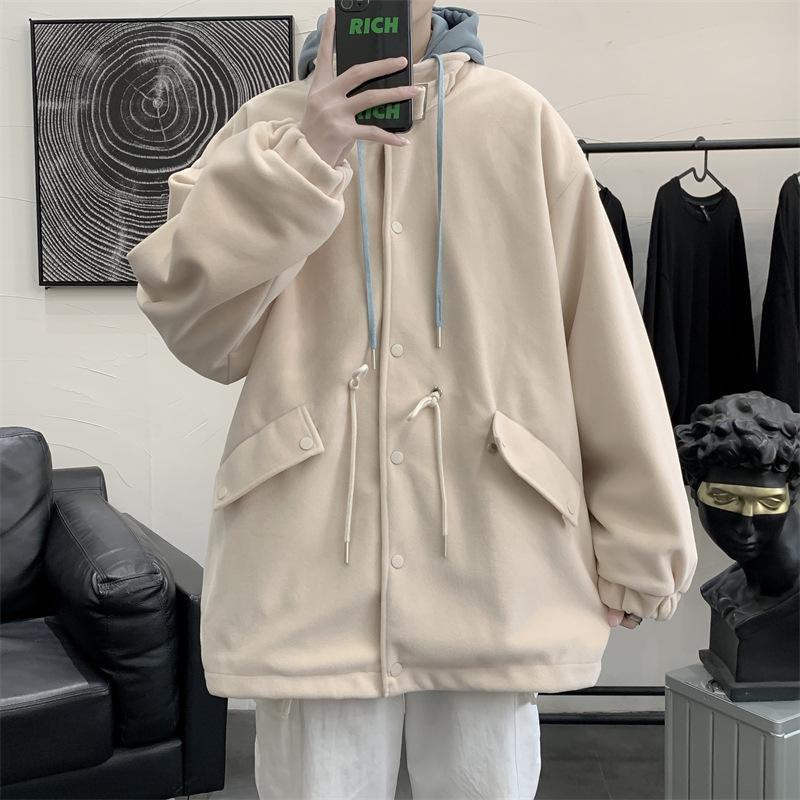 

Темное модное шерстяное пальто в стиле хай-стрит, мужское осенне-зимнее, модное свободное шерстяное пальто с капюшоном в корейском стиле 3XL абрикосовый