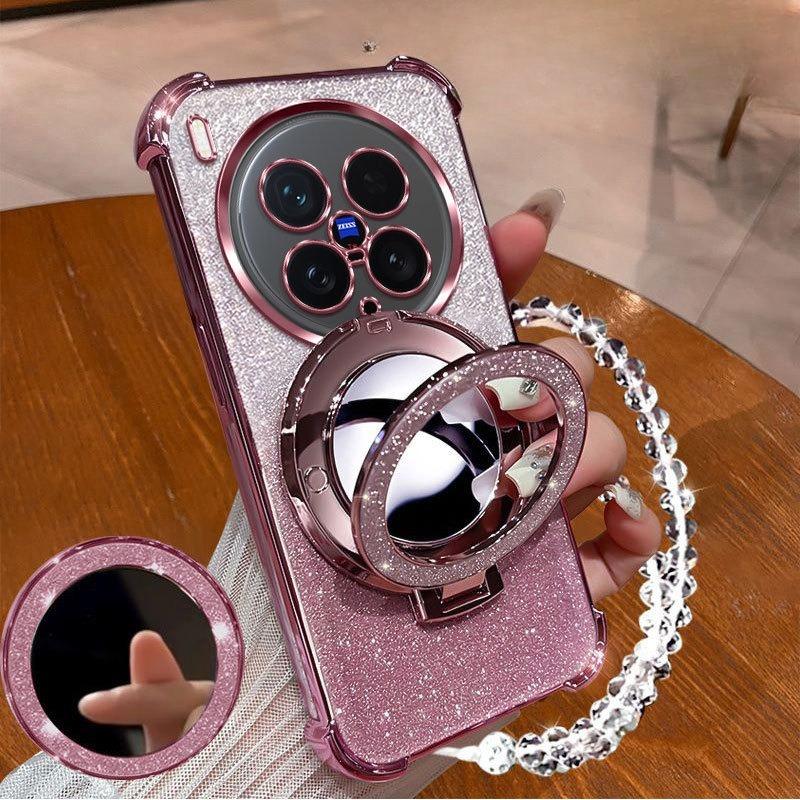 Shockproof Glitter Plating Case For Vivo X200 mini X200S X100 X100S Pro Ultra Crystal Bracelet Mirror Magnetic Holder Cover
