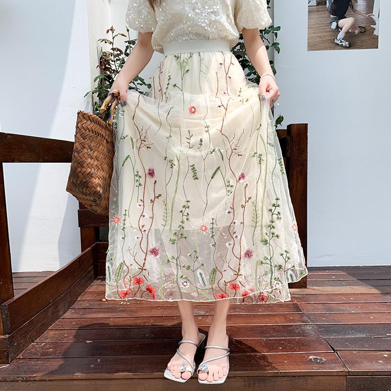 

Qooth French Chiffon Midi Skirt Heavy Lace Embroidery High Waist Fairy Slimming A Line Skirt QT2598 One Size білий