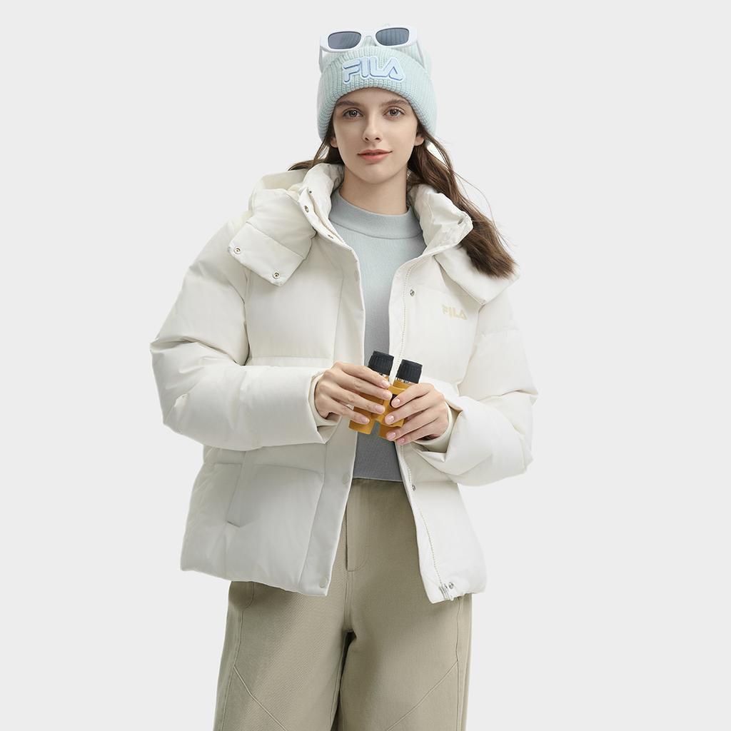 Fila Solid Color Simple Warm Comfortable Casual Hooded Long Sleeve Down Jacket Women Outerwear Vanilla-Gray F51W449902FGY