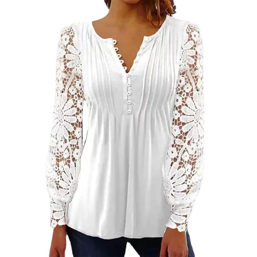 2023 Spring Women's Lace Long Sleeve T-shirt - European and American Fashion
