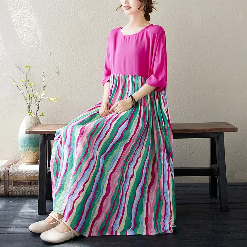 Dimanaf 2024 New Plus Size Dress Summer Women Loose Short Sleeve Beach Fashion Striped O-Neck Basic New Big Size